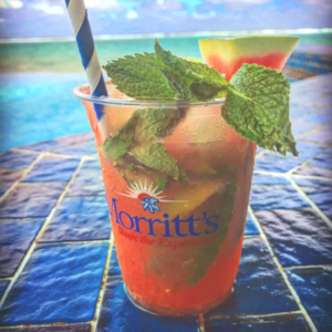 Bright red cocktail garnished with mint and a slice of watermelon