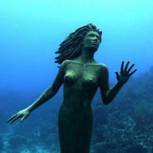 a mermaid statue submerged underwater on a tropical reef in Grand Cayman