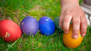 colourful easter eggs in the grass